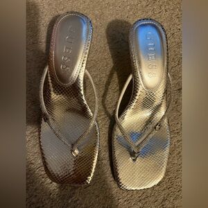 Guess Metallic Silver Snake Print Flip Flops